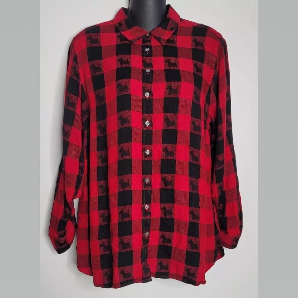 Talbots Womens LP Large Red Black Checked Scottie Dog Plaid Button Blouse Shirt